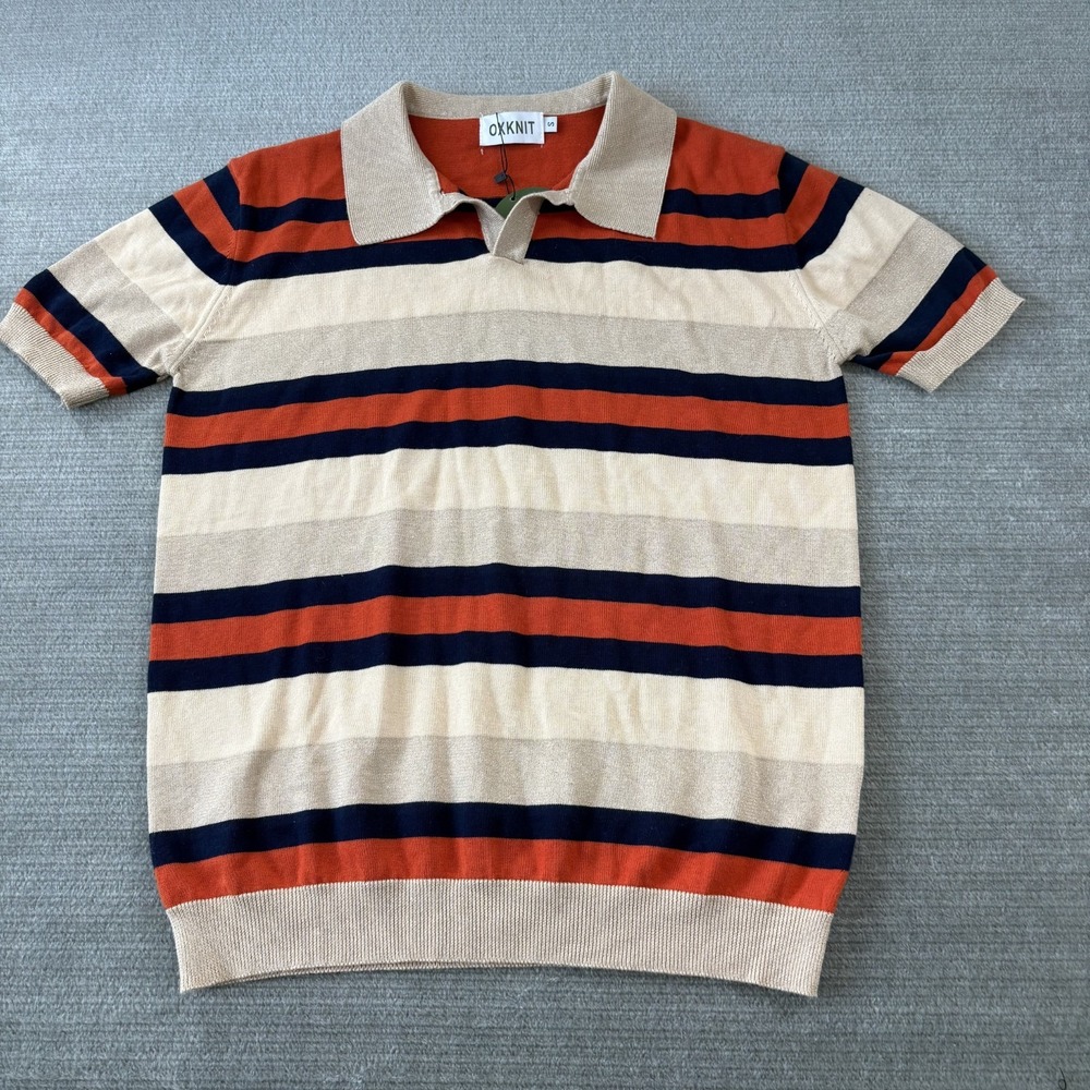 Oxknit Polo Sweater Men S Striped Beige Blue Striped Collar Retro 70s Knit